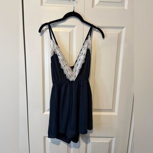 Elegant Navy Blue Lace Trim Romper